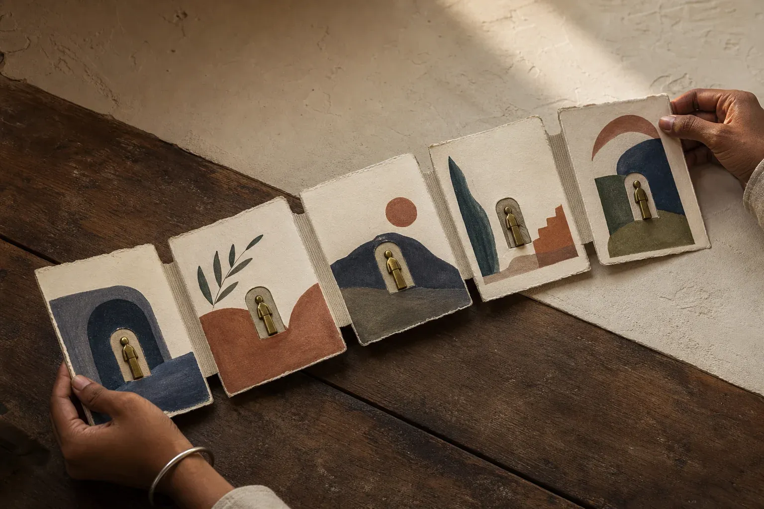 Hands align an accordion of abstract scenes while one repeated brass figure remains visible through every fold.