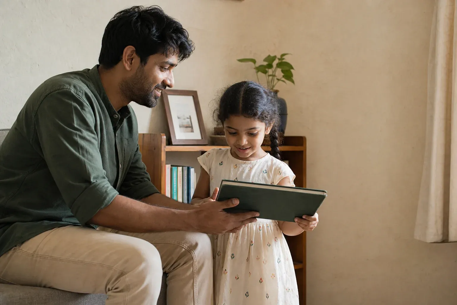 An adult and child exchange a folded blank story form across a warm, tactile studio table.