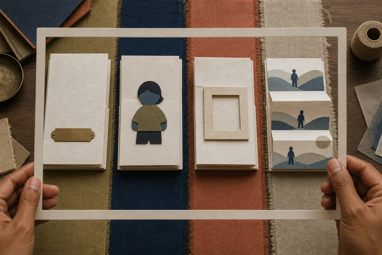 Hands hold an unmarked viewing frame over four paper book forms representing name, avatar, photo and illustrated-likeness personalisation.