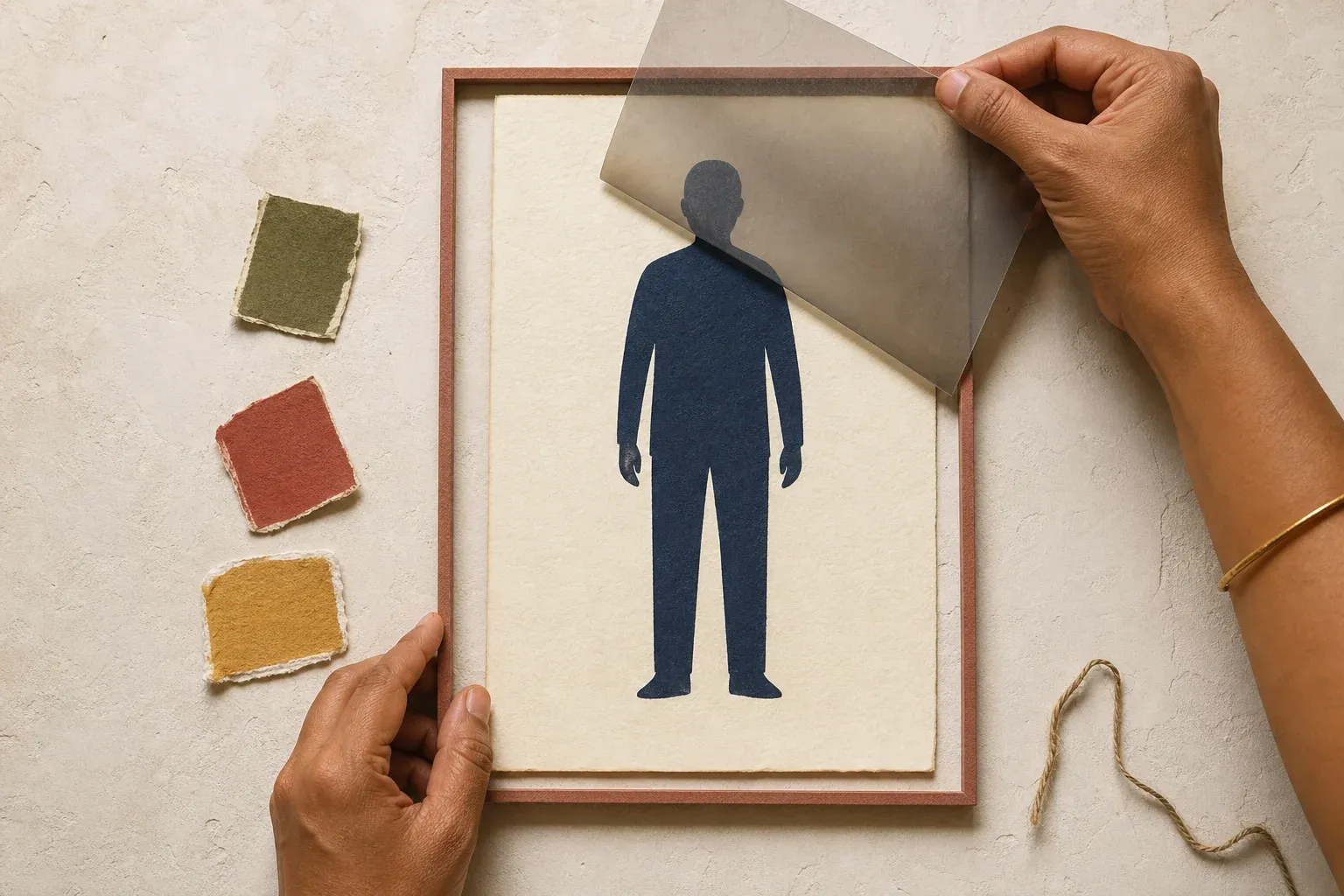 Hands lift a translucent filter away from one indigo paper figure inside a clay-coloured frame.