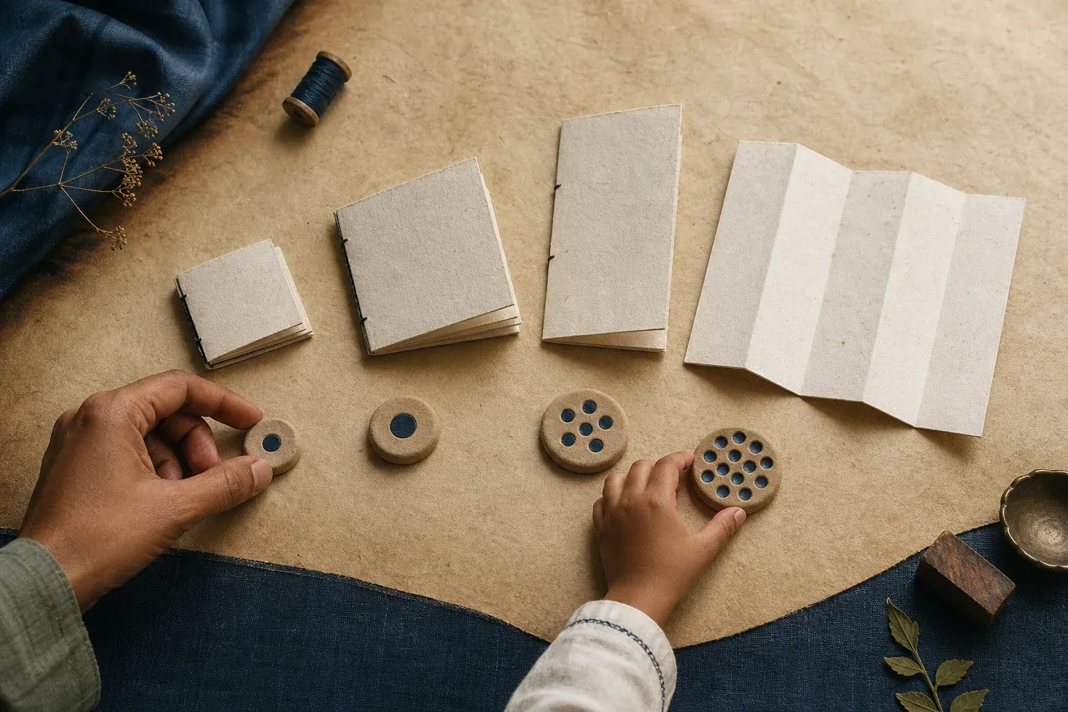 An adult and child place increasingly detailed clay tokens beside four different handmade paper reading forms.