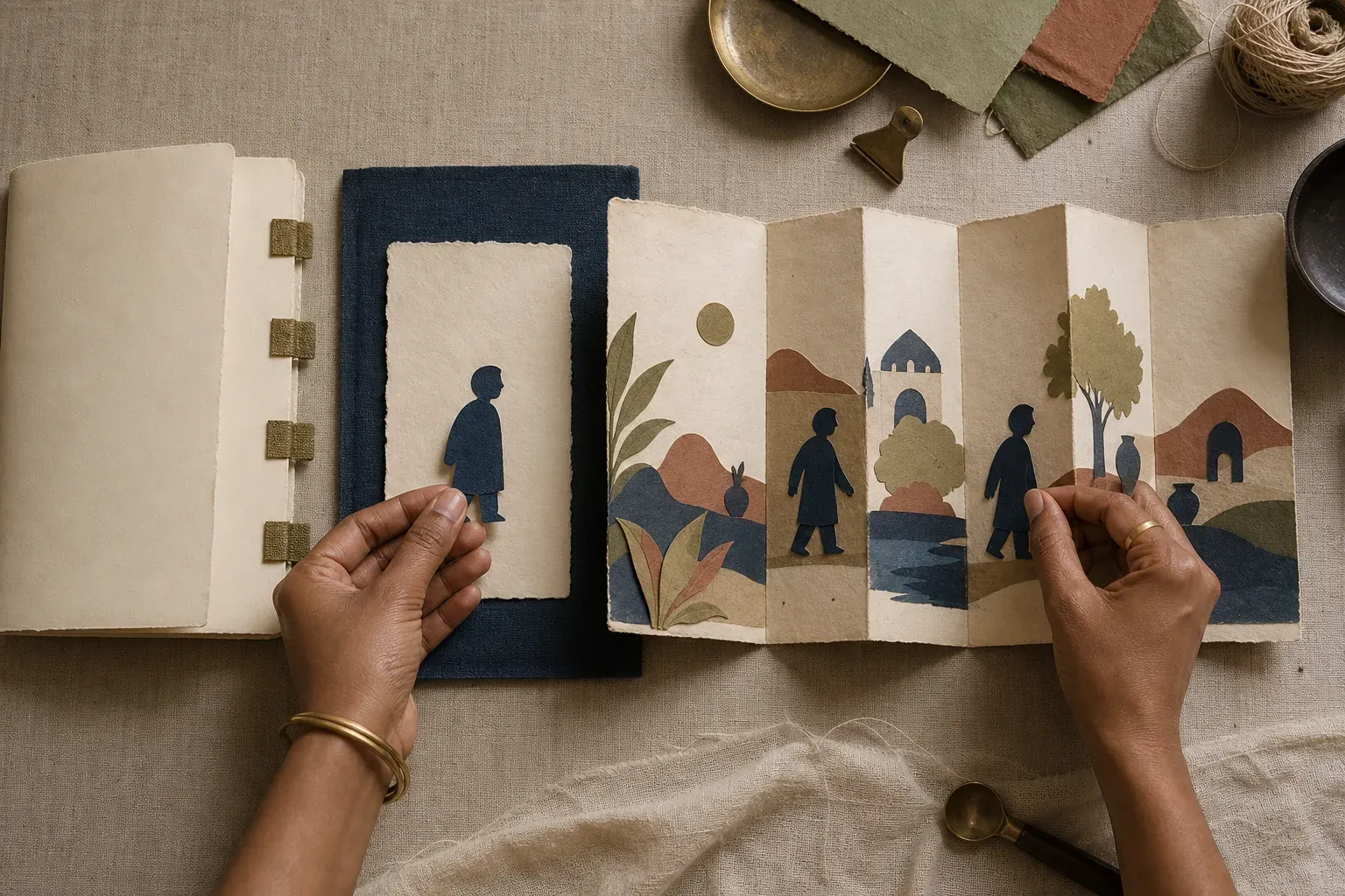 Hands move one indigo paper identity from a separate source card into a fixed accordion of authored scenes.