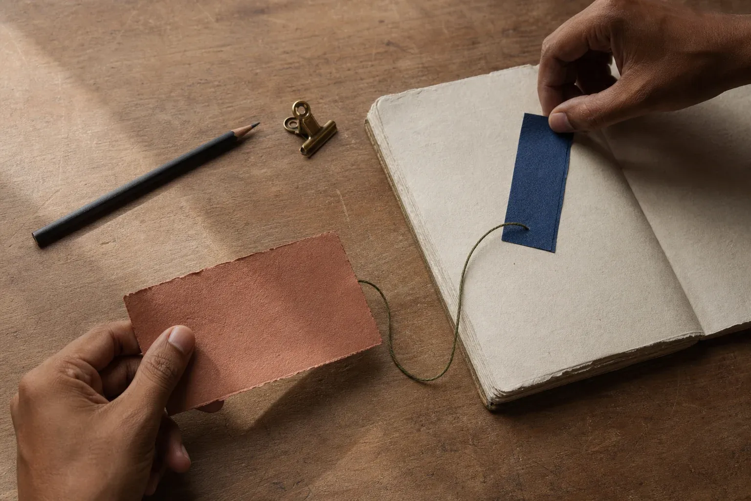 Two adult hands exchange a small blank question card and add an indigo tab to an open cream notebook.